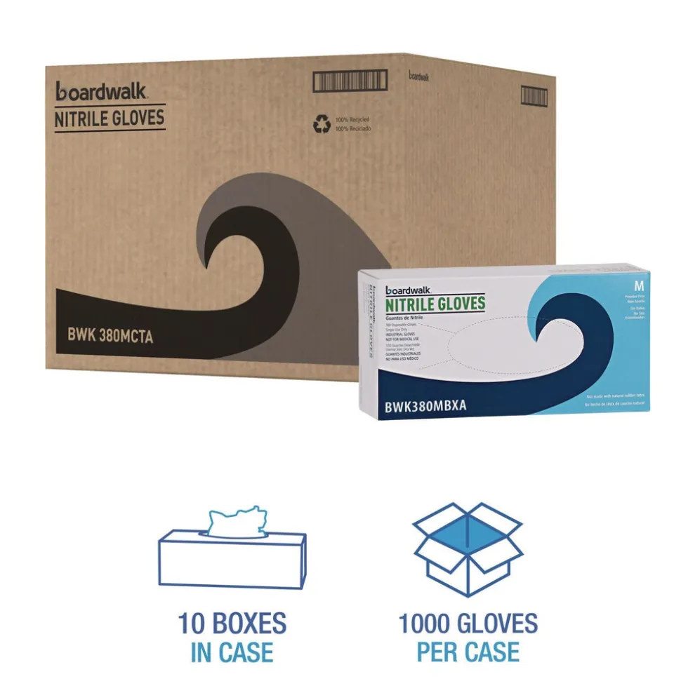 Boardwalk 380 Series 4 mil Thick 9.5 in. Long Powder-Free Disposable General-Purpose Nitrile Gloves - Medium, Blue (100/Box, 10 Boxes/Carton)