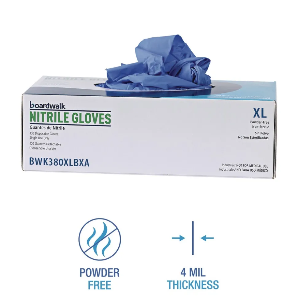 Boardwalk 380 Series 4 mil Thick 9.5 in. Long Powder-Free Disposable General-Purpose Nitrile Gloves - Extra Large, Blue (100/Box)