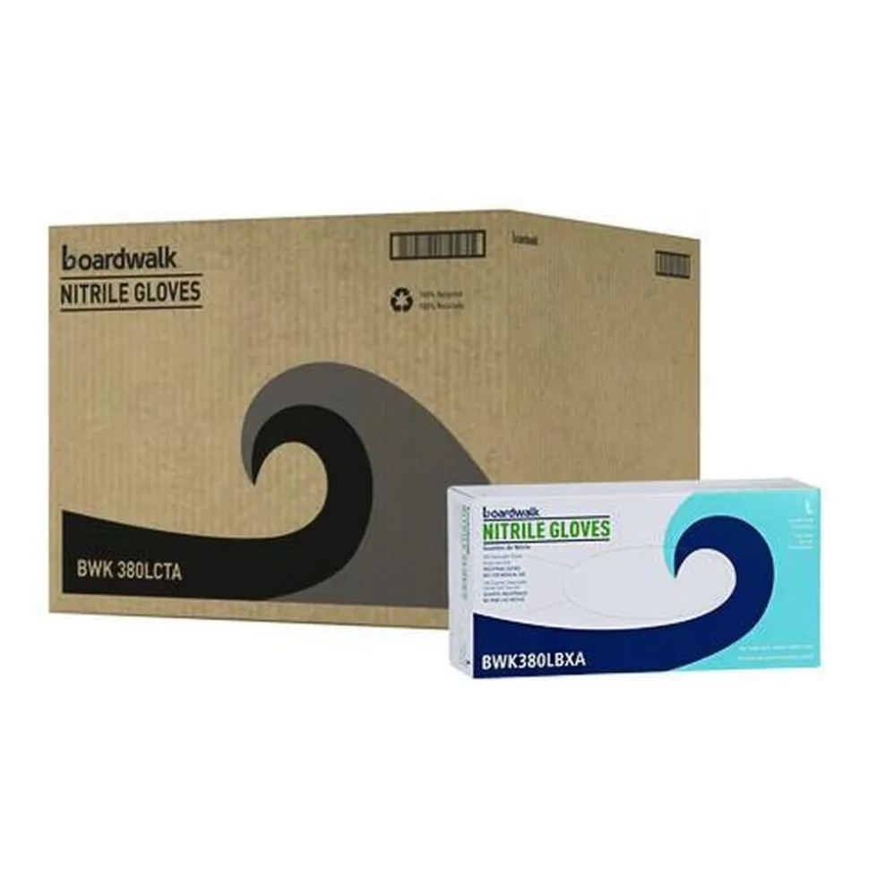 Boardwalk 380 Series 4 mil Thick 9.5 in. Long Powder-Free Disposable General-Purpose Nitrile Gloves - Large, Blue (100/Box, 10 Boxes/Carton)