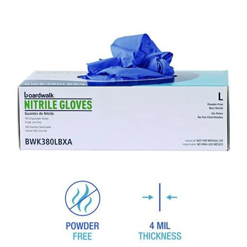 Boardwalk 380 Series 4 mil Thick 9.5 in. Long Powder-Free Disposable General-Purpose Nitrile Gloves - Large, Blue (100/Box, 10 Boxes/Carton)