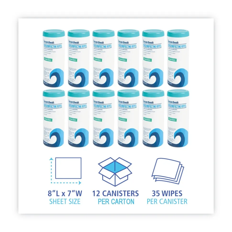 Boardwalk BWK454W35 7 in. x 8 in. Disinfecting Wipes - Fresh Scent (12 Canisters/Carton)