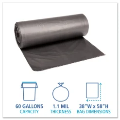 Boardwalk H7658SGKR01 38 in. x 58 in. 1.1 mil 60 gal. Low-Density Waste Can Liners - Gray (100/Carton)