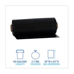 Boardwalk K7663WKK 60 Gallon 2.7 mil 38 in. x 63 in. Industrial Drum Liners Rolls - Black (50/Carton)
