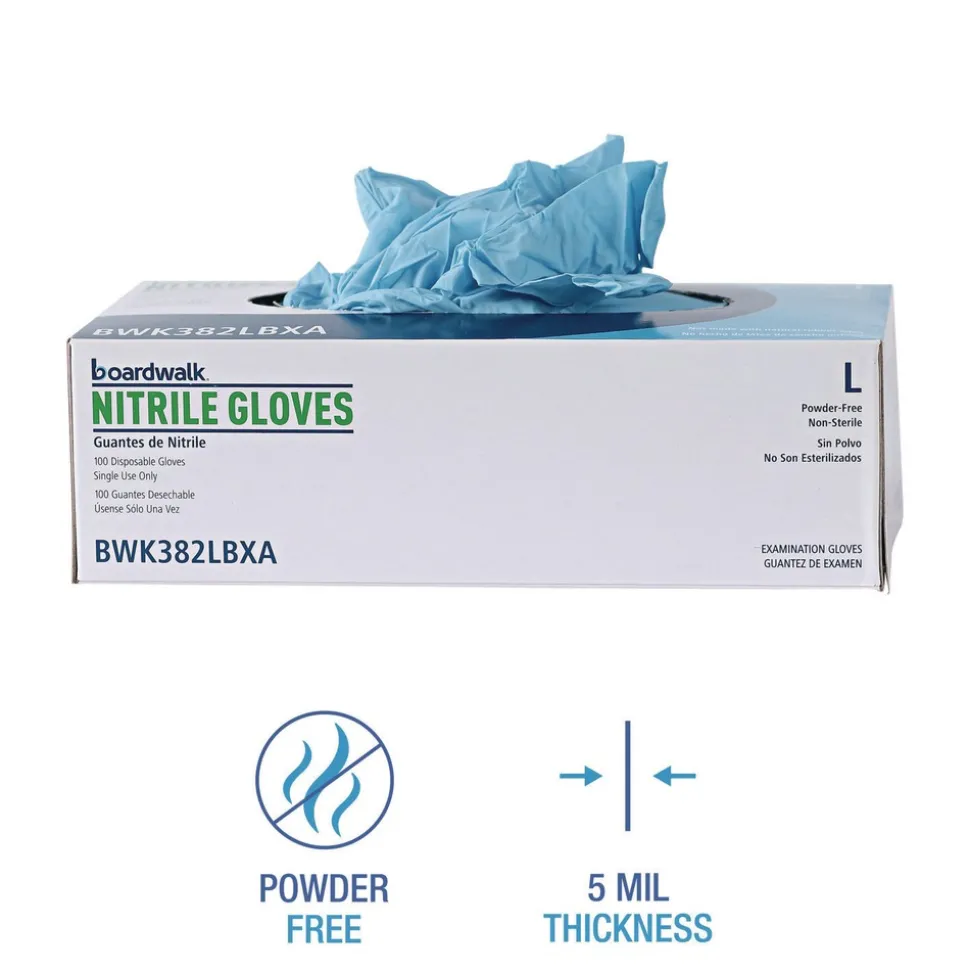 Boardwalk 382LBXA 5 mil 9.5 in. Long Powder-Free Disposable Examination Nitrile Gloves - Large, Blue (100/Box)