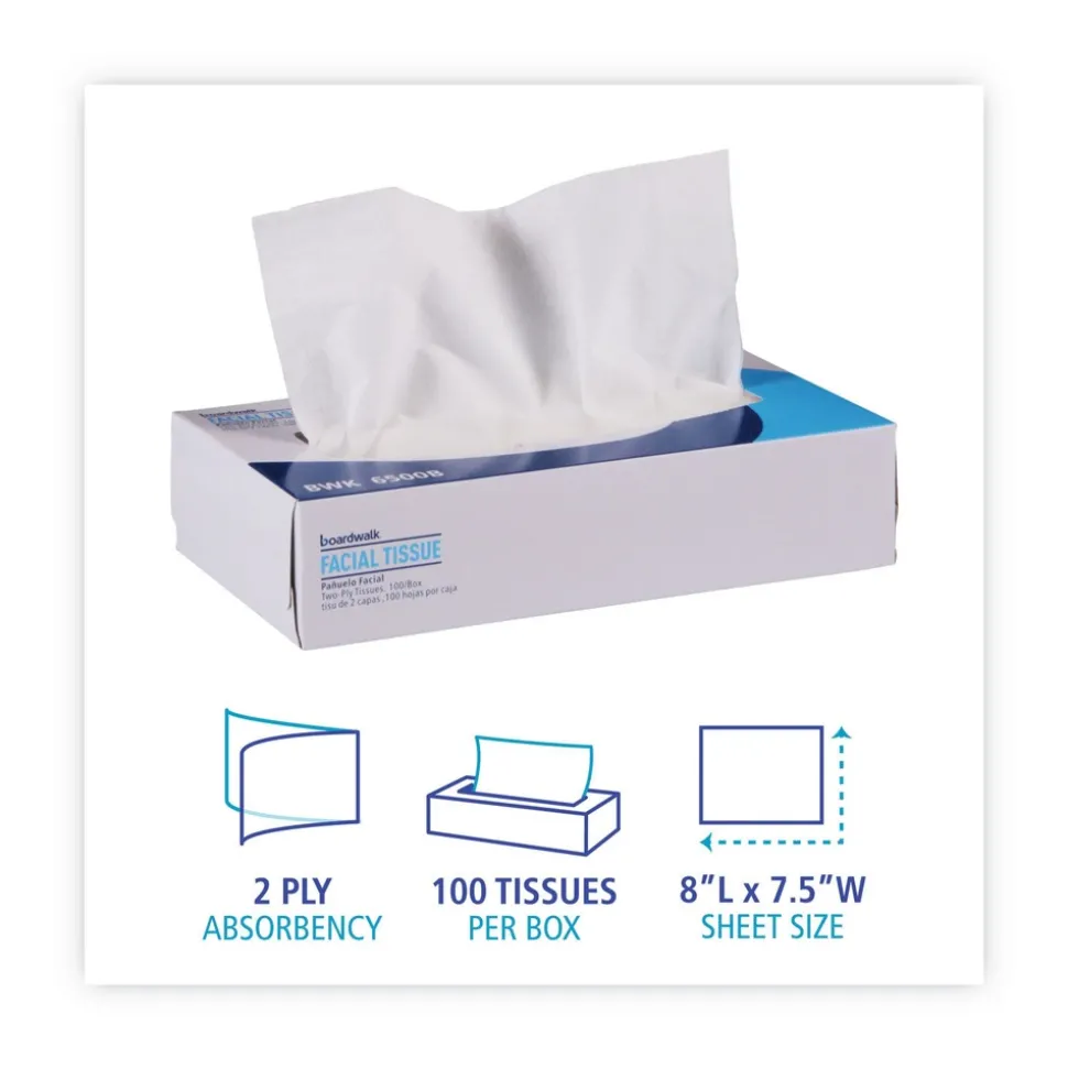 Boardwalk 2-Ply Office Packs Facial Tissue Flat Box - White (30/Carton)