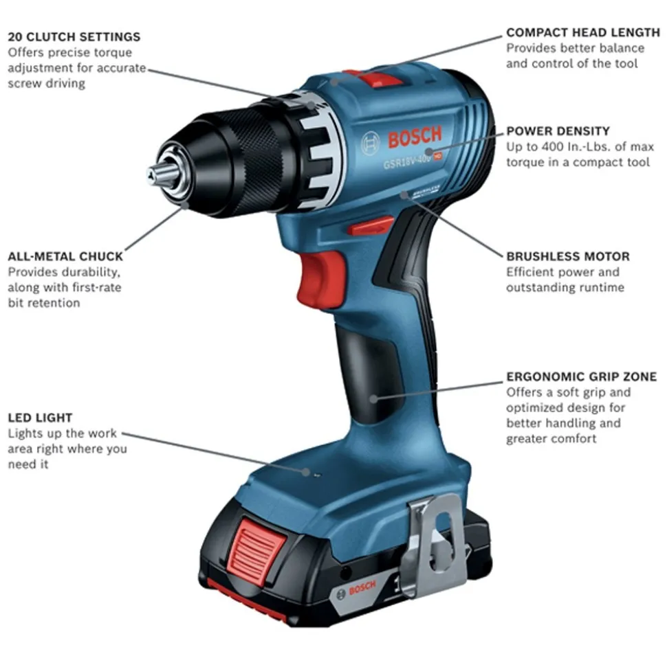 Bosch 18V Brushless Lithium-Ion 1/2 in. Cordless Compact Drill Driver Kit (2 Ah)