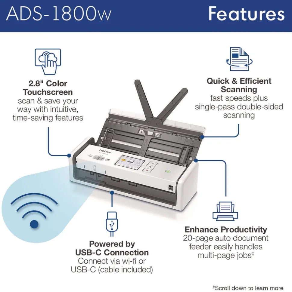 Brother 600 dpi x 600 dpi Optical Resolution 20-Sheet Duplex Auto Document Feeder ADS-1800W Compact Desktop Scanner