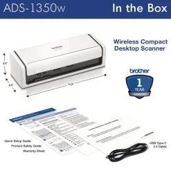 Brother 600 dpi x 600 dpi Optical Resolution 20-Sheet Duplex Auto Document Feeder ADS-1350W Compact Desktop Scanner
