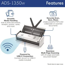 Brother 600 dpi x 600 dpi Optical Resolution 20-Sheet Duplex Auto Document Feeder ADS-1350W Compact Desktop Scanner