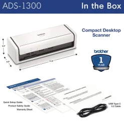 Brother 600 dpi x 600 dpi Optical Resolution 20-Sheet Duplex Auto Document Feeder ADS-1300 Compact Desktop Scanner