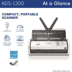 Brother 600 dpi x 600 dpi Optical Resolution 20-Sheet Duplex Auto Document Feeder ADS-1300 Compact Desktop Scanner