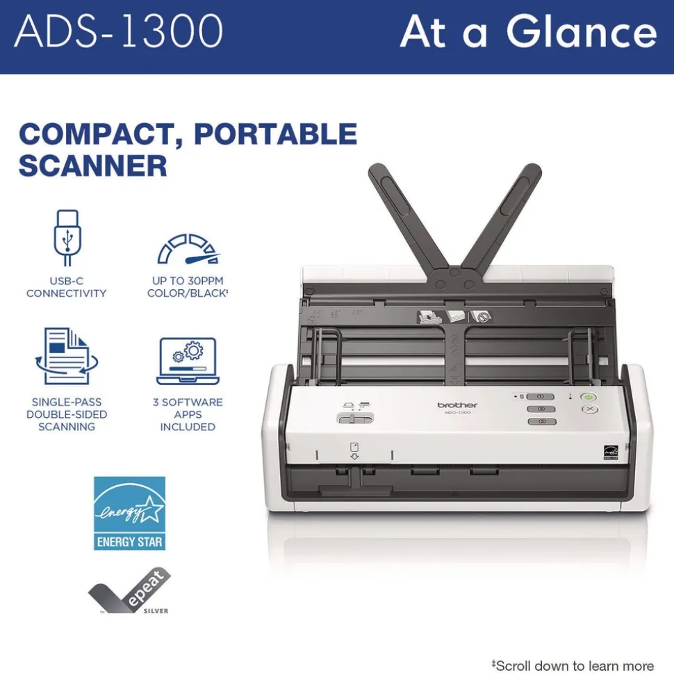 Brother 600 dpi x 600 dpi Optical Resolution 20-Sheet Duplex Auto Document Feeder ADS-1300 Compact Desktop Scanner