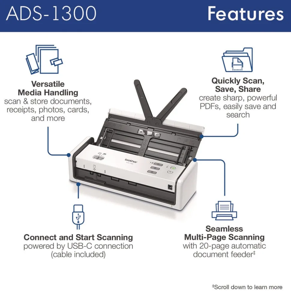 Brother 600 dpi x 600 dpi Optical Resolution 20-Sheet Duplex Auto Document Feeder ADS-1300 Compact Desktop Scanner