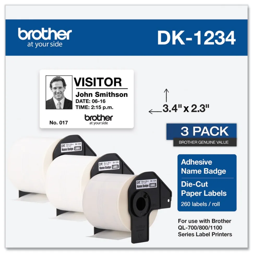 Brother 2.3 in. x 3.4 in. Die-Cut Name Badge Labels - White (3-Rolls/Pack)