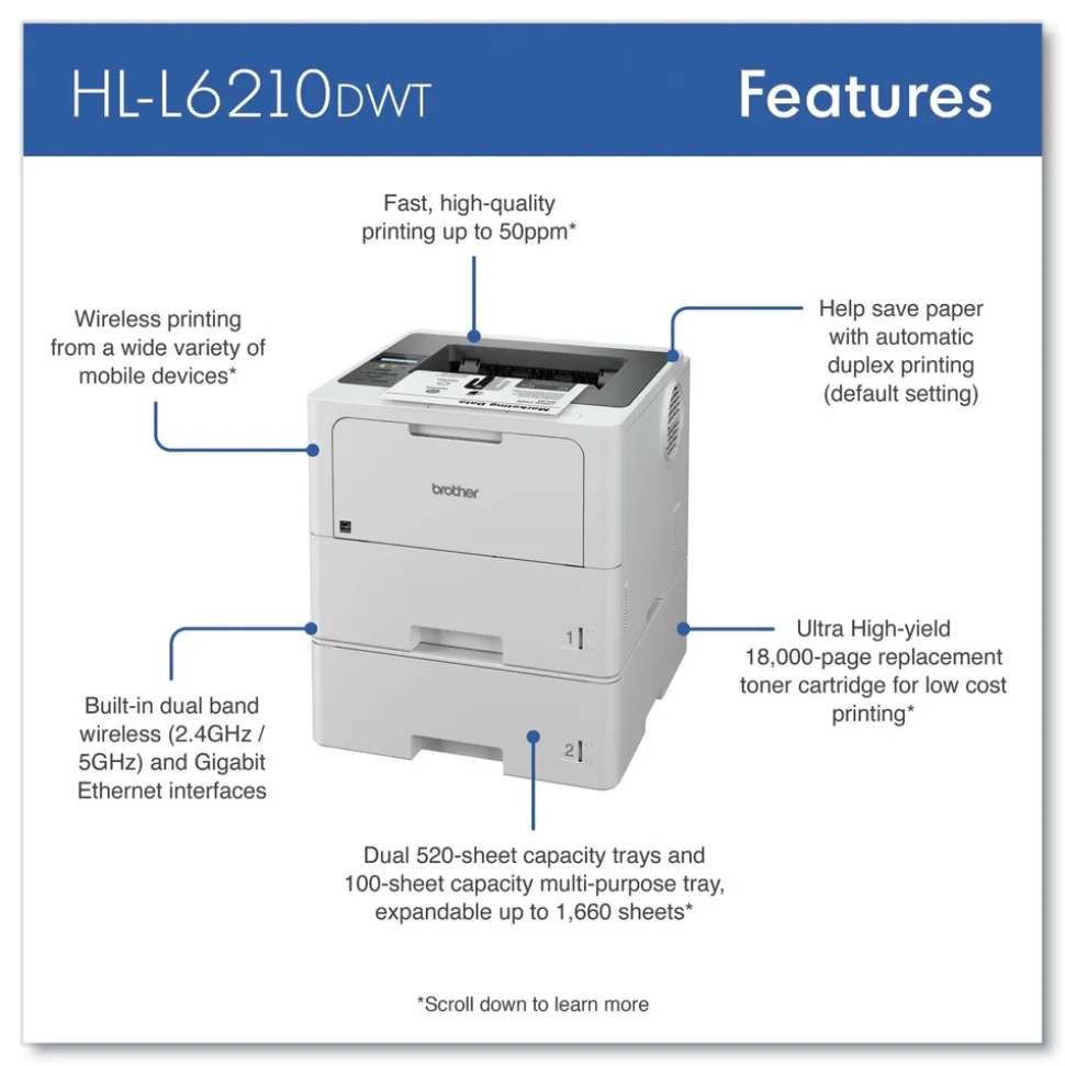 Brother Business Monochrome Laser Printer with Dual Paper Trays