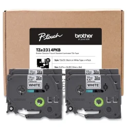 Brother P-Touch 0.5 in. TZe Series Standard Adhesive Laminated Labeling Tape - Black on White (4/Pack)