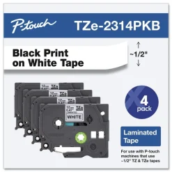 Brother P-Touch 0.5 in. TZe Series Standard Adhesive Laminated Labeling Tape - Black on White (4/Pack)