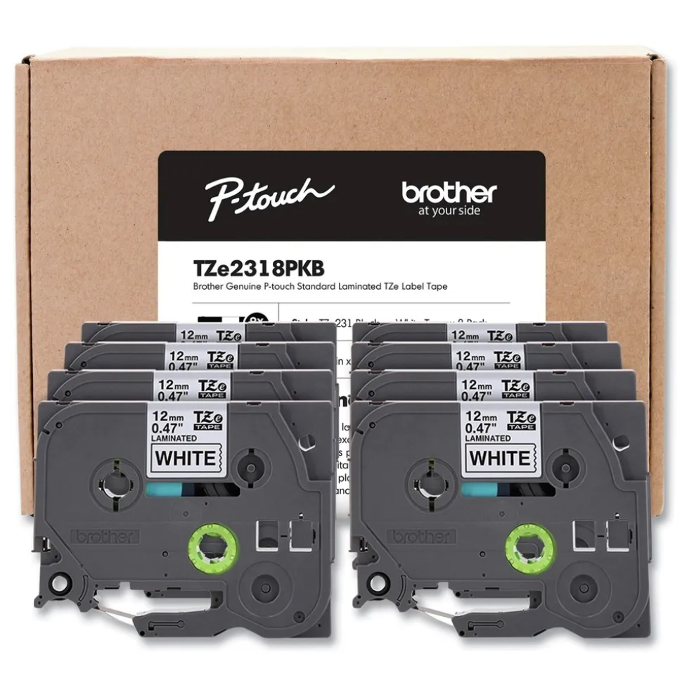 Brother P-Touch 0.5 in. TZe Series Standard Adhesive Laminated Labeling Tape - Black on White (8/Pack)
