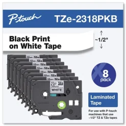 Brother P-Touch 0.5 in. TZe Series Standard Adhesive Laminated Labeling Tape - Black on White (8/Pack)
