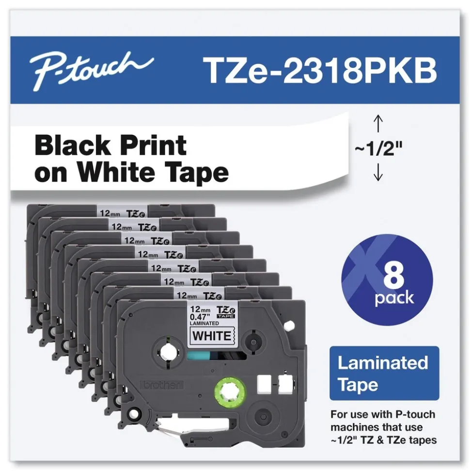 Brother P-Touch 0.5 in. TZe Series Standard Adhesive Laminated Labeling Tape - Black on White (8/Pack)