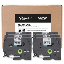 Brother P-Touch 0.5 in. TZe Series Standard Adhesive Laminated Labeling Tape - Black on White (6/Pack)