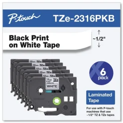 Brother P-Touch 0.5 in. TZe Series Standard Adhesive Laminated Labeling Tape - Black on White (6/Pack)