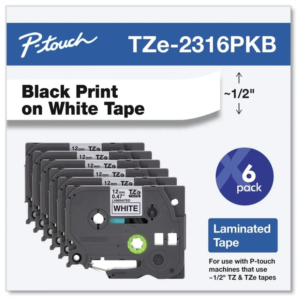 Brother P-Touch 0.5 in. TZe Series Standard Adhesive Laminated Labeling Tape - Black on White (6/Pack)