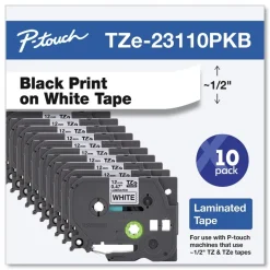 Brother P-Touch 0.5 in. TZe Series Standard Adhesive Laminated Labeling Tape - Black on White (10/Pack)