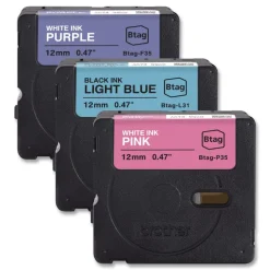 Brother P-Touch 0.47 in. x 13.1 ft. Genuine P-Touch BTAG Label Tapes - White on Purple, Black on Light Blue, White on Pink