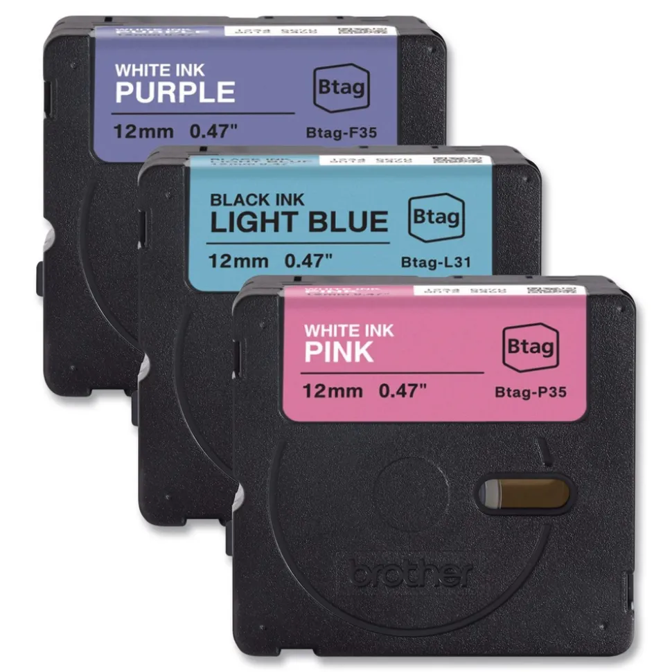 Brother P-Touch 0.47 in. x 13.1 ft. Genuine P-Touch BTAG Label Tapes - White on Purple, Black on Light Blue, White on Pink