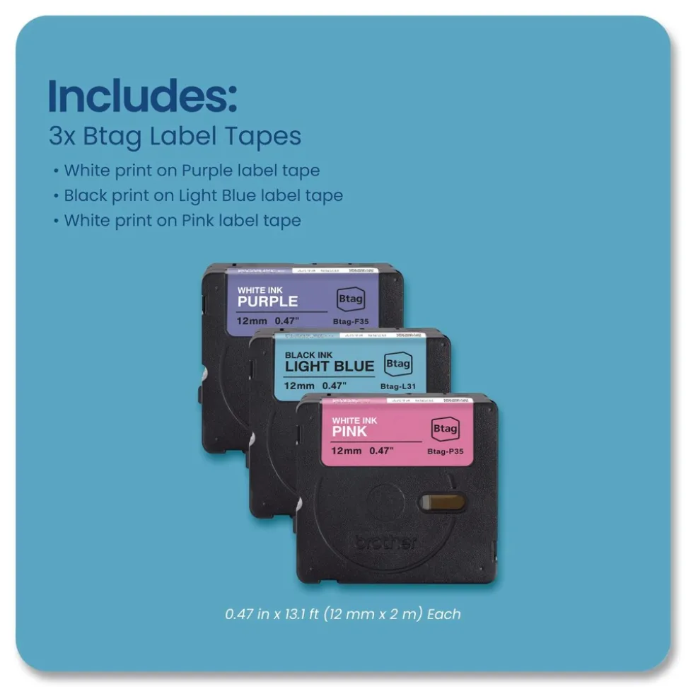 Brother P-Touch 0.47 in. x 13.1 ft. Genuine P-Touch BTAG Label Tapes - White on Purple, Black on Light Blue, White on Pink