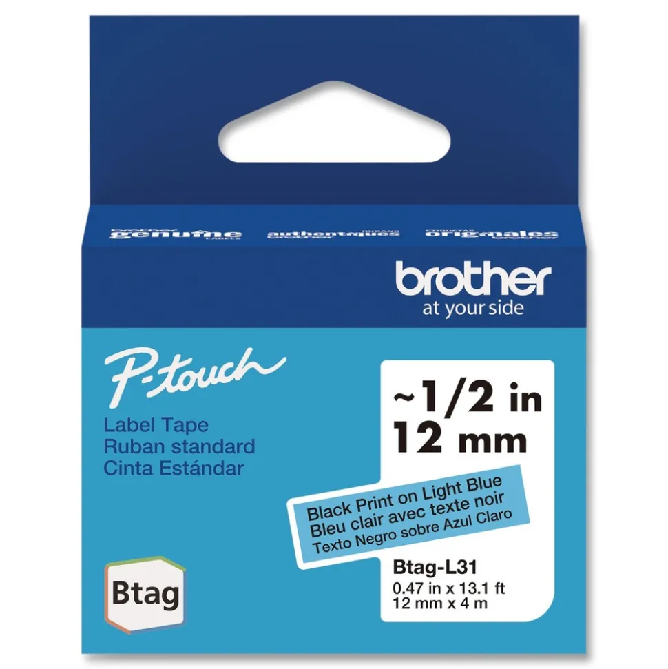Brother P-Touch 0.47 in. x 13.1 ft. Genuine P-Touch BTAG Label Tapes - Black on Light Blue