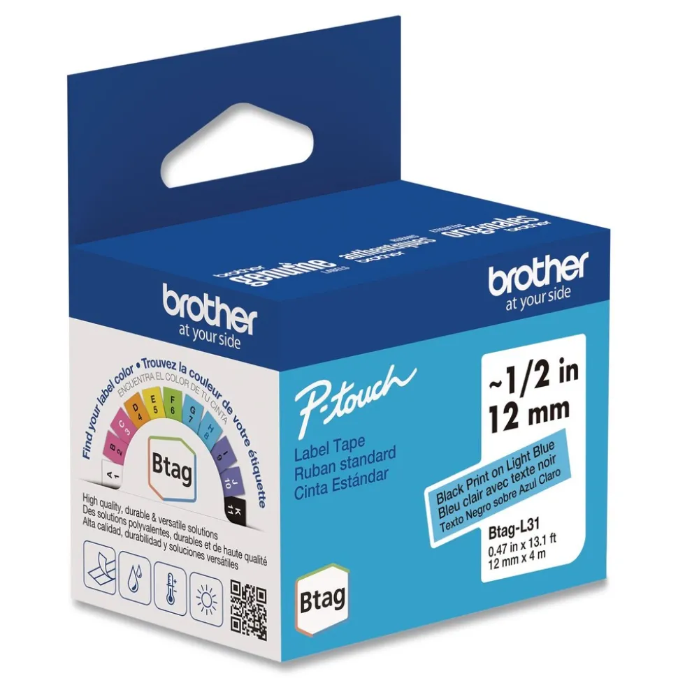 Brother P-Touch 0.47 in. x 13.1 ft. Genuine P-Touch BTAG Label Tapes - Black on Light Blue