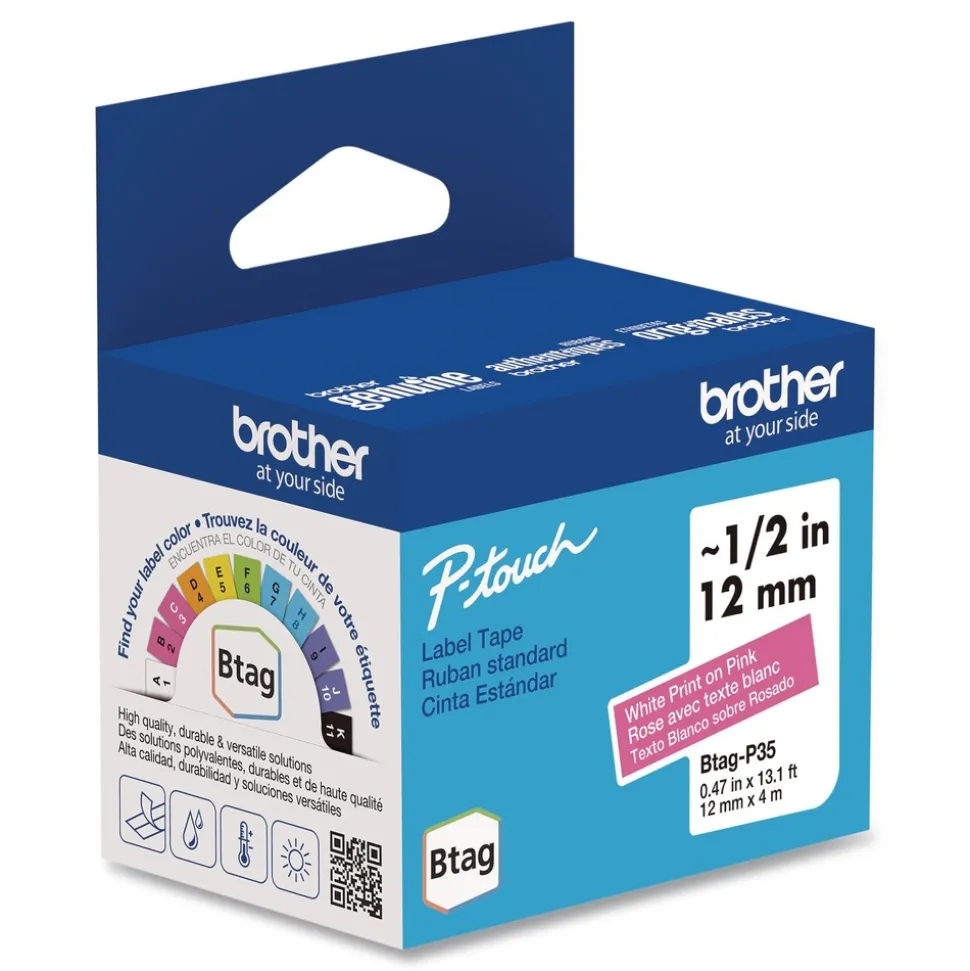 Brother P-Touch 0.47 in. x 13.1 ft. Genuine P-Touch BTAG Label Tapes - White on Pink