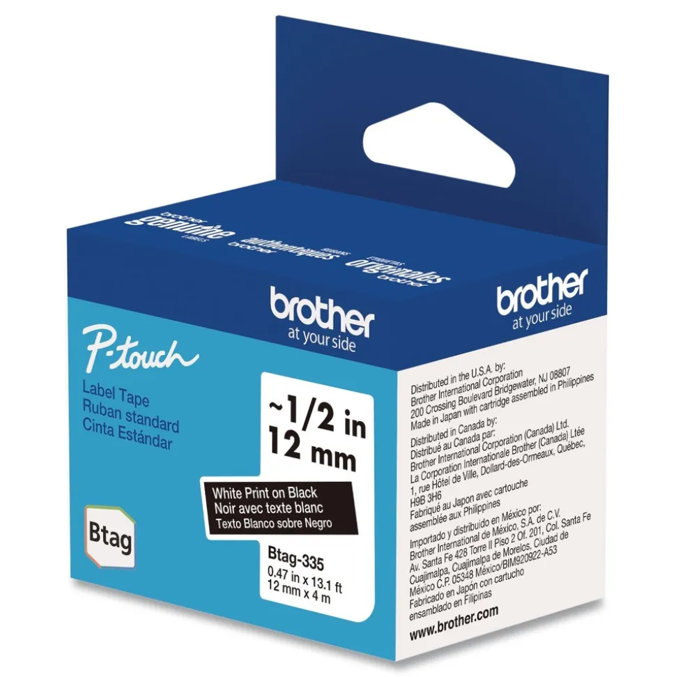 Brother P-Touch 0.47 in. x 13.1 ft. Genuine P-Touch BTAG Label Tapes - White on Black