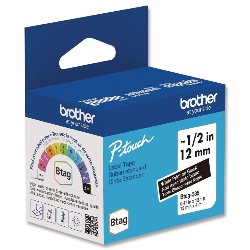 Brother P-Touch 0.47 in. x 13.1 ft. Genuine P-Touch BTAG Label Tapes - White on Black