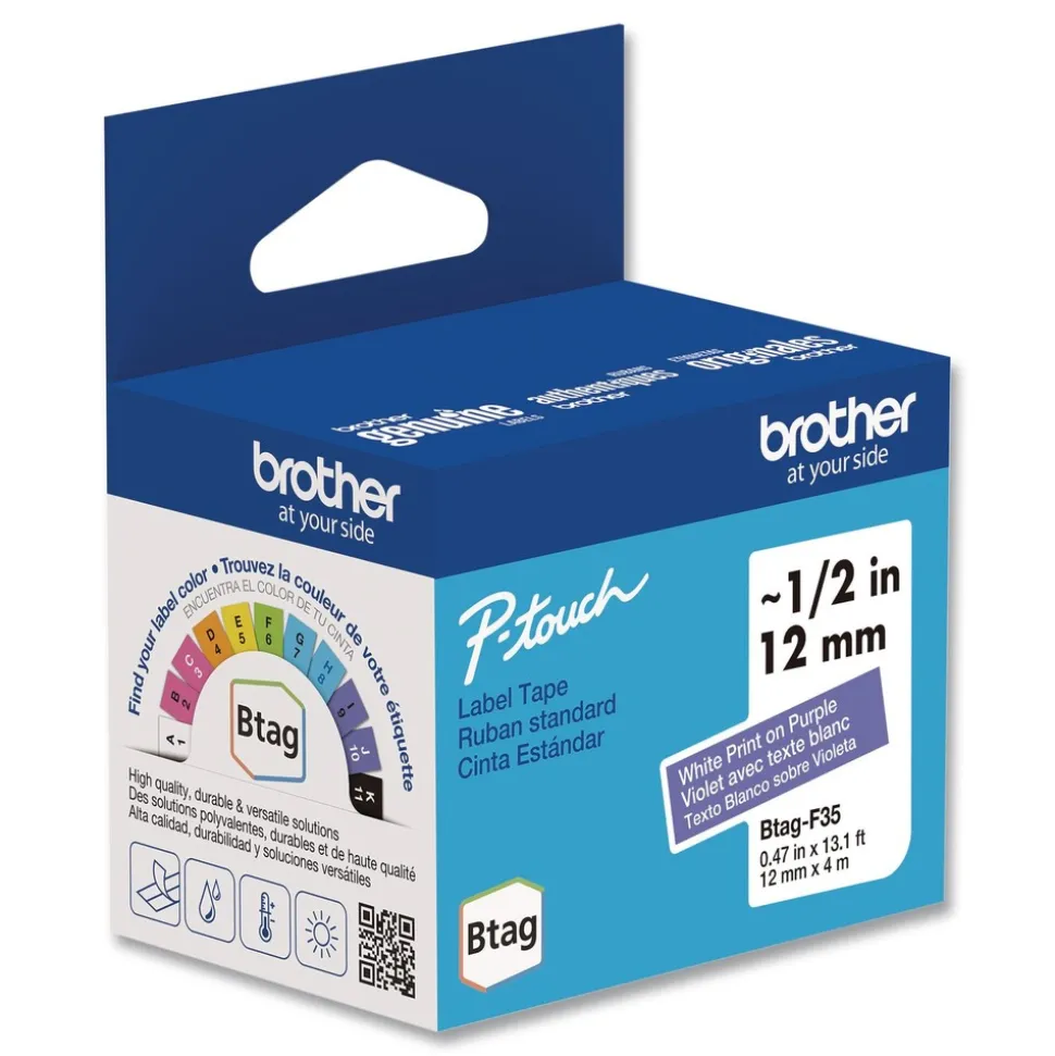 Brother P-Touch 0.47 in. x 13.1 ft. Genuine P-Touch BTAG Label Tapes - White on Purple