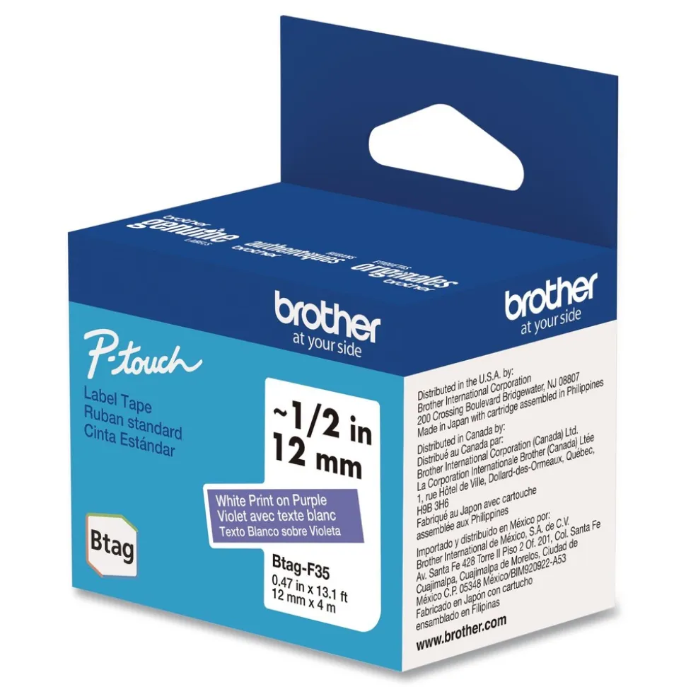 Brother P-Touch 0.47 in. x 13.1 ft. Genuine P-Touch BTAG Label Tapes - White on Purple