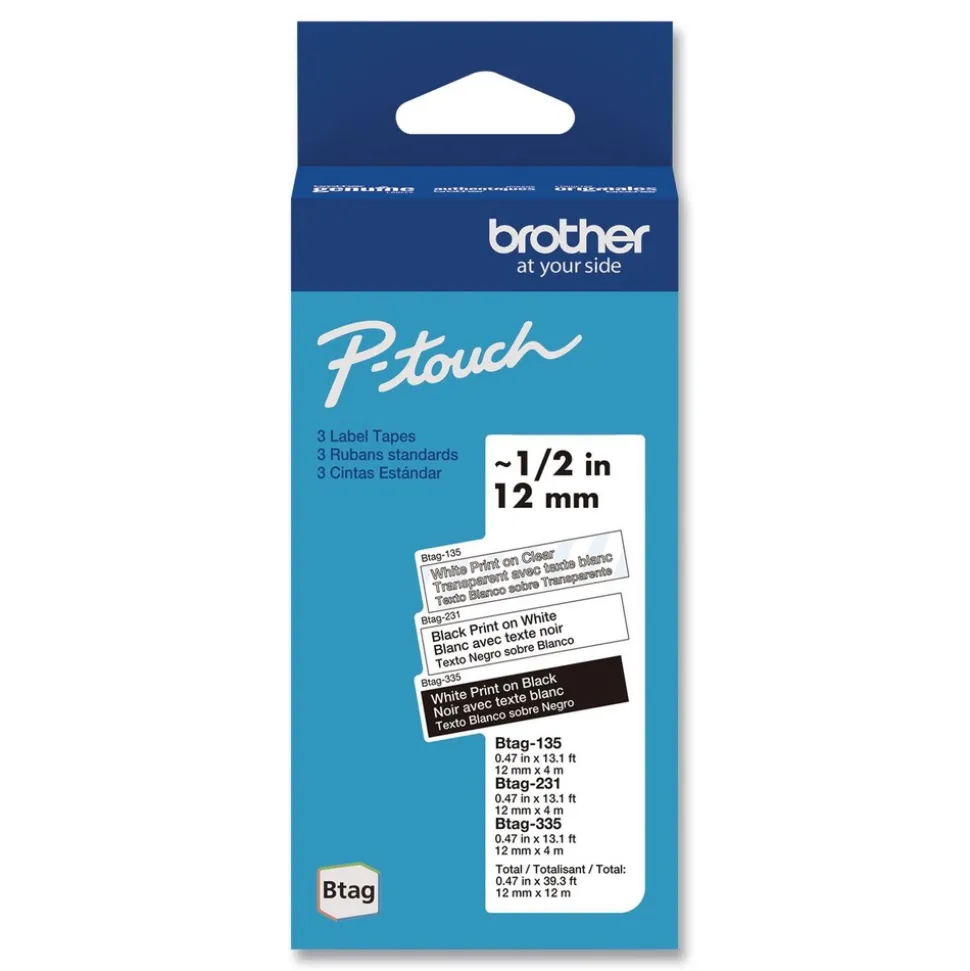 Brother P-Touch 0.47 in. x 13.1 ft. Genuine P-Touch BTAG Label Tapes - White on Clear, Black on White, White on Black