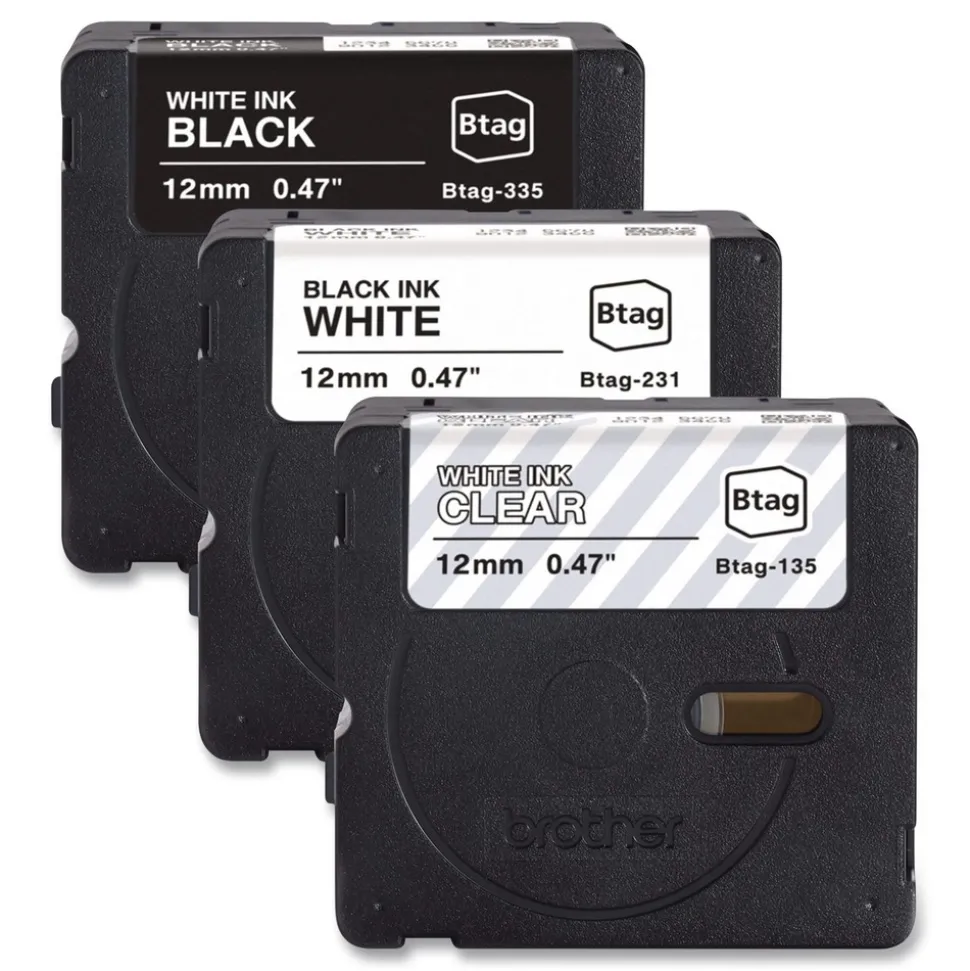 Brother P-Touch 0.47 in. x 13.1 ft. Genuine P-Touch BTAG Label Tapes - White on Clear, Black on White, White on Black