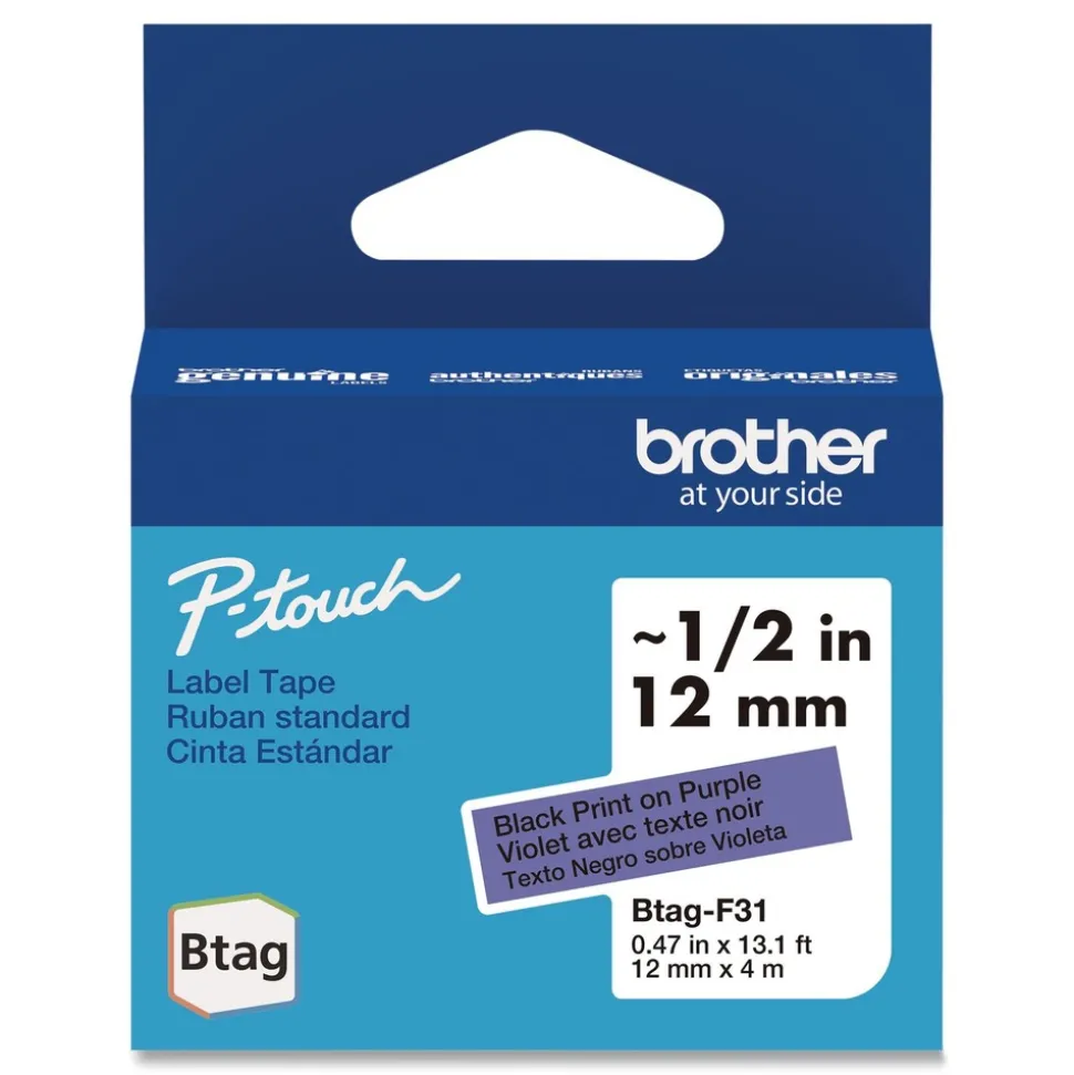 Brother P-Touch 0.47 in. x 13.1 ft. Genuine P-Touch BTAG Label Tapes - Black on Purple