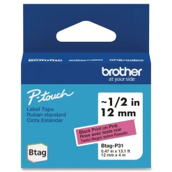 Brother P-Touch 0.47 in. x 13.1 ft. Genuine P-Touch BTAG Label Tapes - Black on Pink