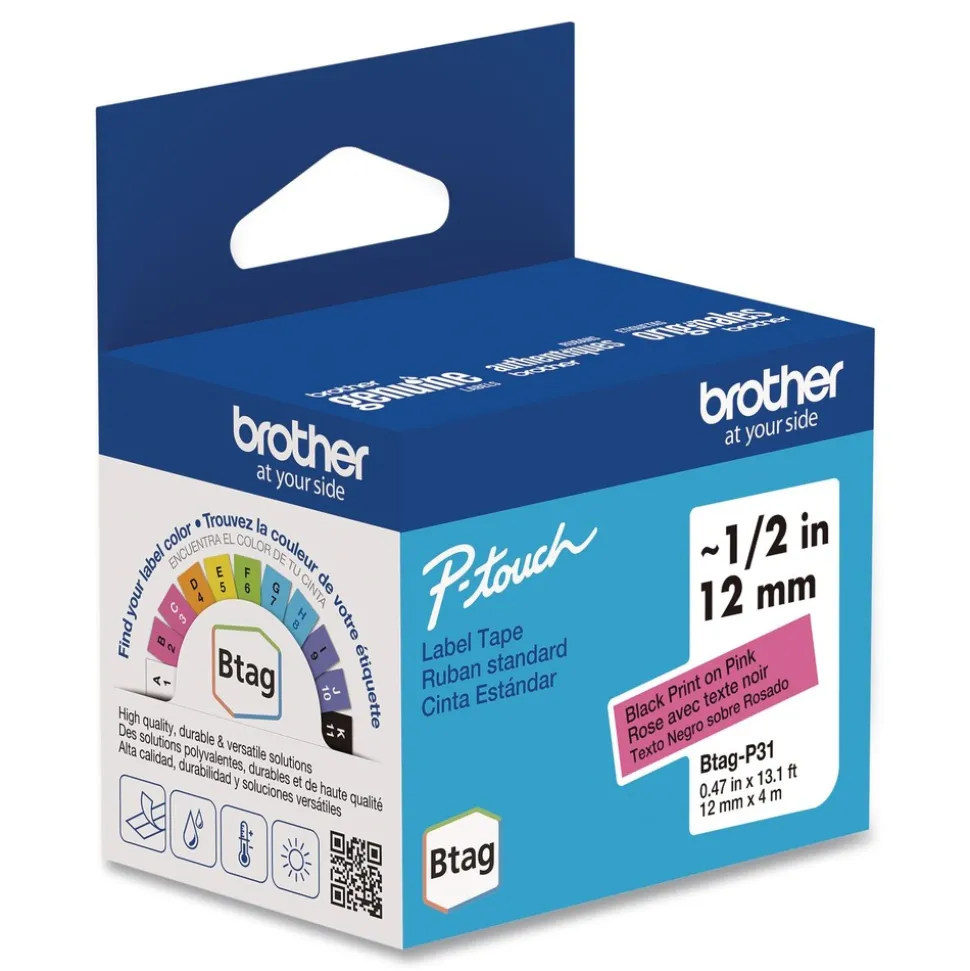 Brother P-Touch 0.47 in. x 13.1 ft. Genuine P-Touch BTAG Label Tapes - Black on Pink