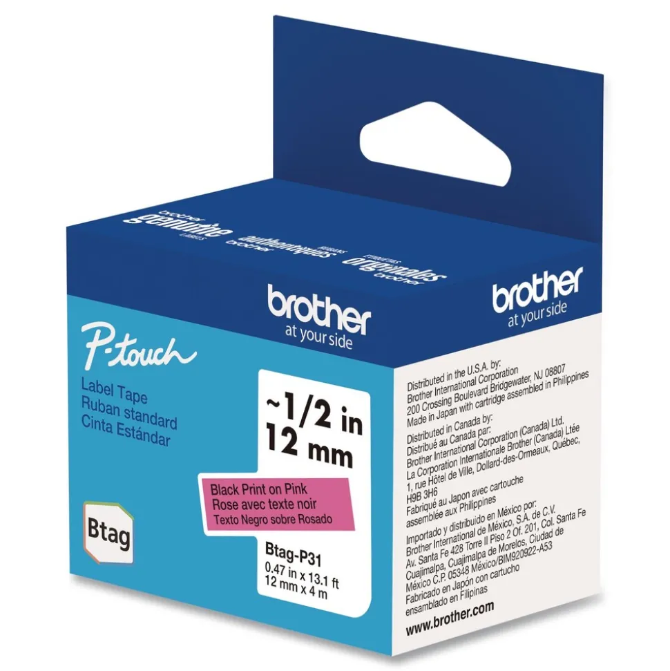 Brother P-Touch 0.47 in. x 13.1 ft. Genuine P-Touch BTAG Label Tapes - Black on Pink