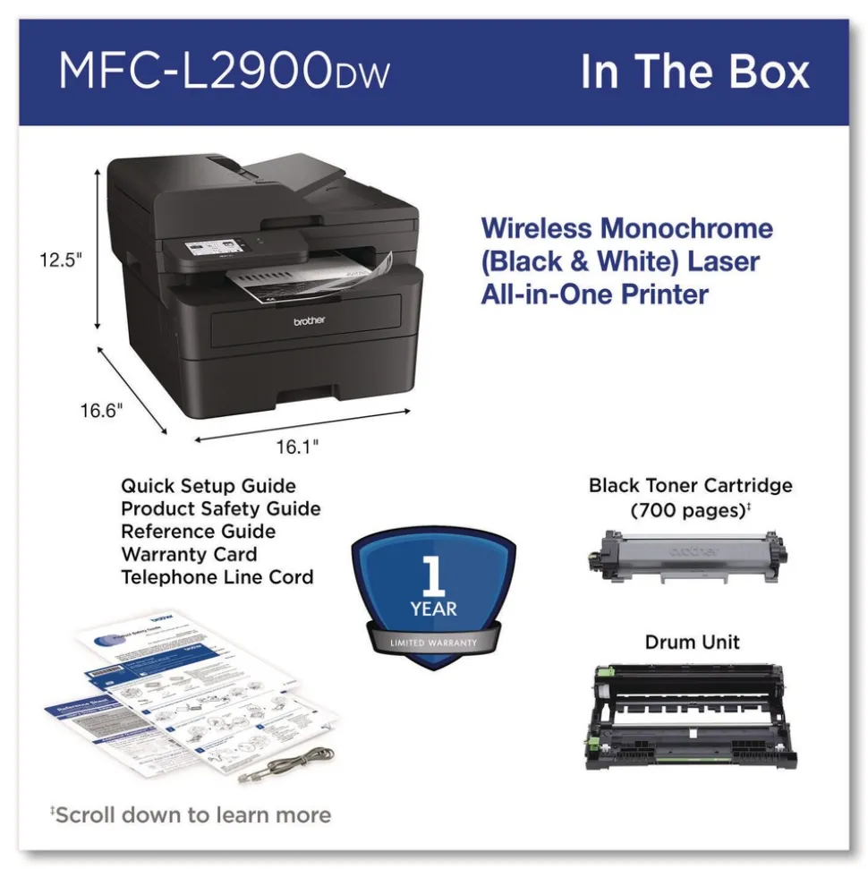 Brother Wireless MFC-L2900DW Compact Monochrome AIO Laser Printer Copy/Fax/Print/Scan