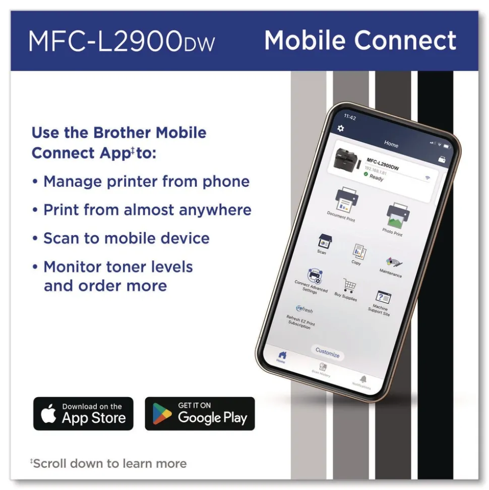 Brother Wireless MFC-L2900DW Compact Monochrome AIO Laser Printer Copy/Fax/Print/Scan