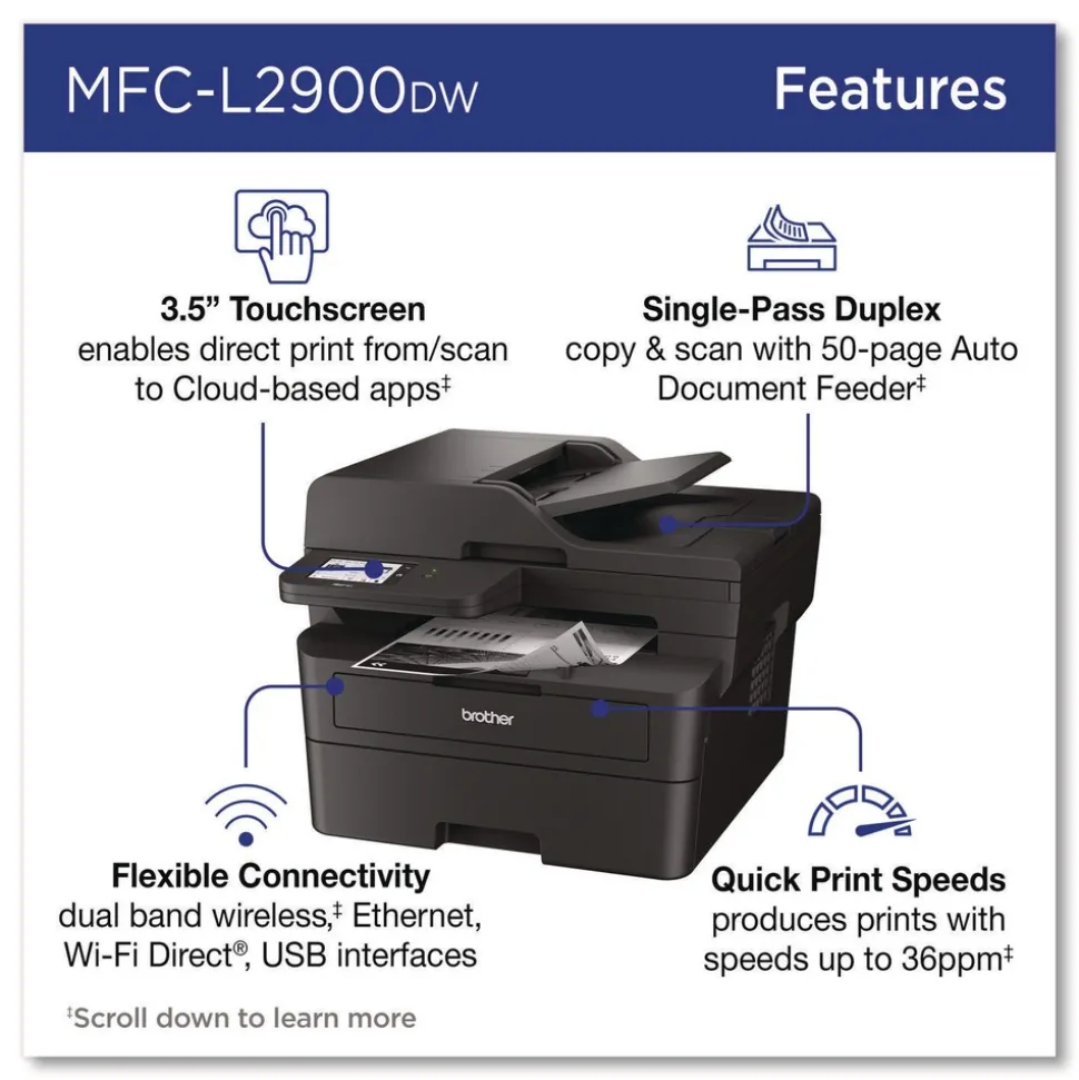 Brother Wireless MFC-L2900DW Compact Monochrome AIO Laser Printer Copy/Fax/Print/Scan