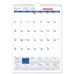 Brownline 12-Month (Jan to Dec): 2026 8 in. x 11 in. One Month Per Page Twin-Wirebound Wall Calendar - White/Blue Sheets