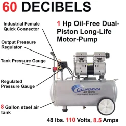 California Air Tools 8010 1 HP 8 Gallon Ultra Quiet and Oil-Free Steel Tank Wheelbarrow Air Compressor