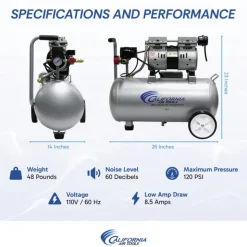 California Air Tools 8010 1 HP 8 Gallon Ultra Quiet and Oil-Free Steel Tank Wheelbarrow Air Compressor